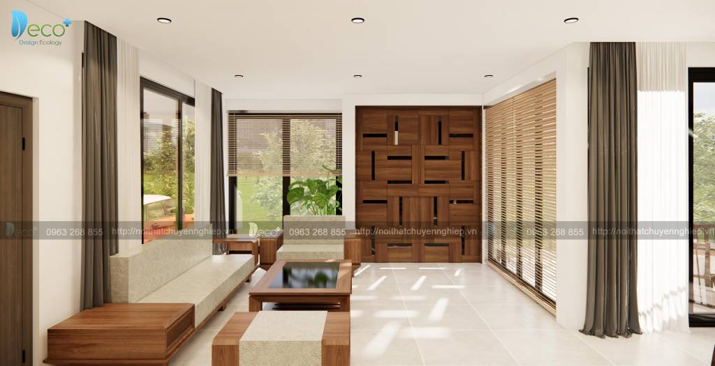 Phòng khách sang trọng với nội thất gỗ tự nhiên 